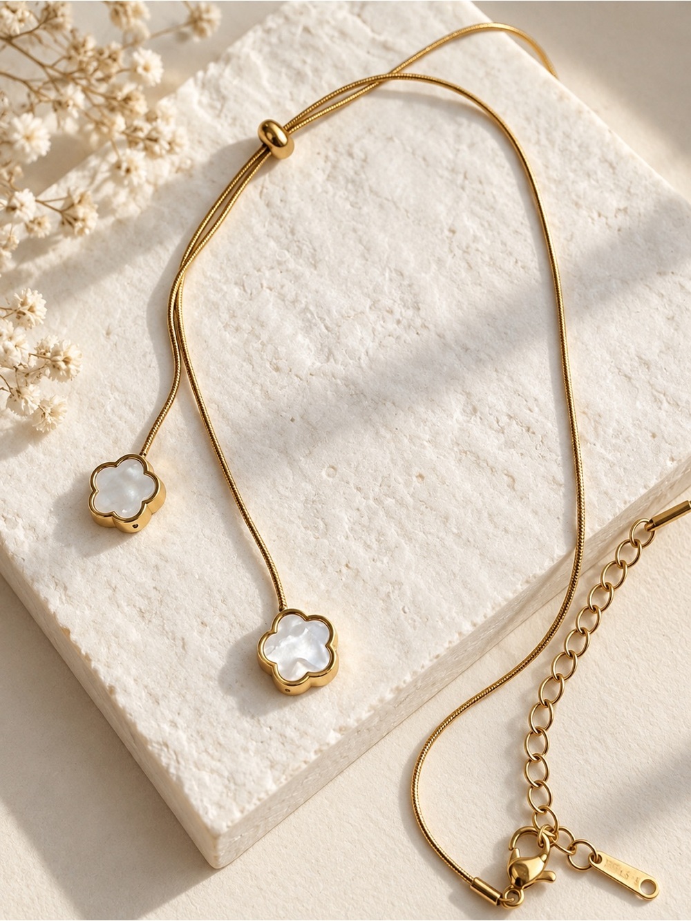 Gold Plated and Mother of Pearl Clover Lariat Necklace 18 inches